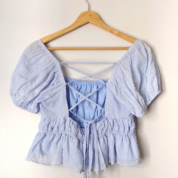 Altar'd State Tops - Altar'd State Baby Blue Puff Sleeve Open Back Criss Cross Straps Adjustable